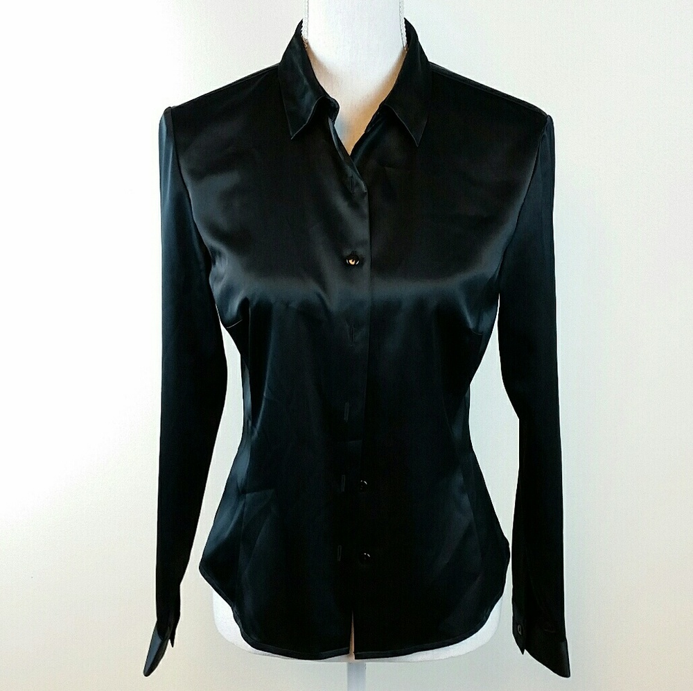 Ann Taylor Stretch black satin button down blouse
